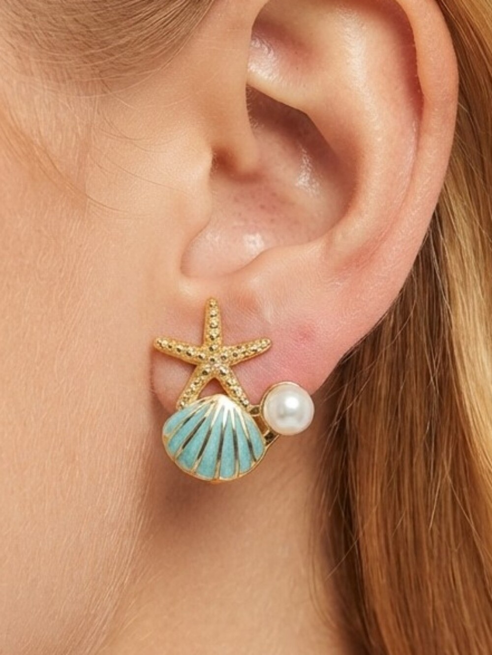 Gold Starfish and Turquoise Shell Pearl Stud Earrings Summer Vacation Preppy